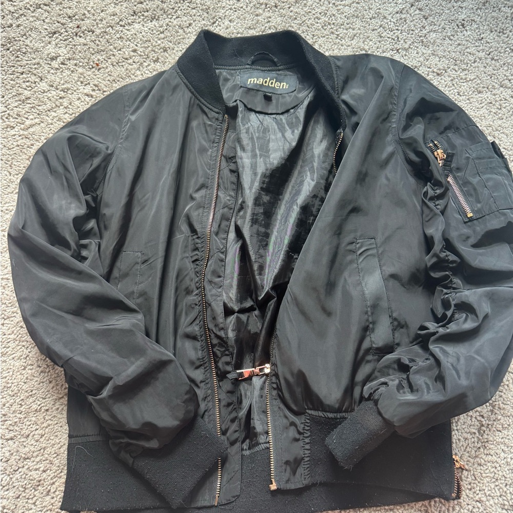 Steve Madden Black Bomber Jacket with Classic Collar